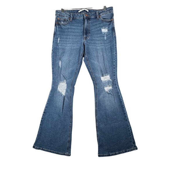 Celebrity Pink Flare Jeans Distressed‎ Denim Bell Bottoms Hippie Juniors Size 11 - Picture 1 of 11